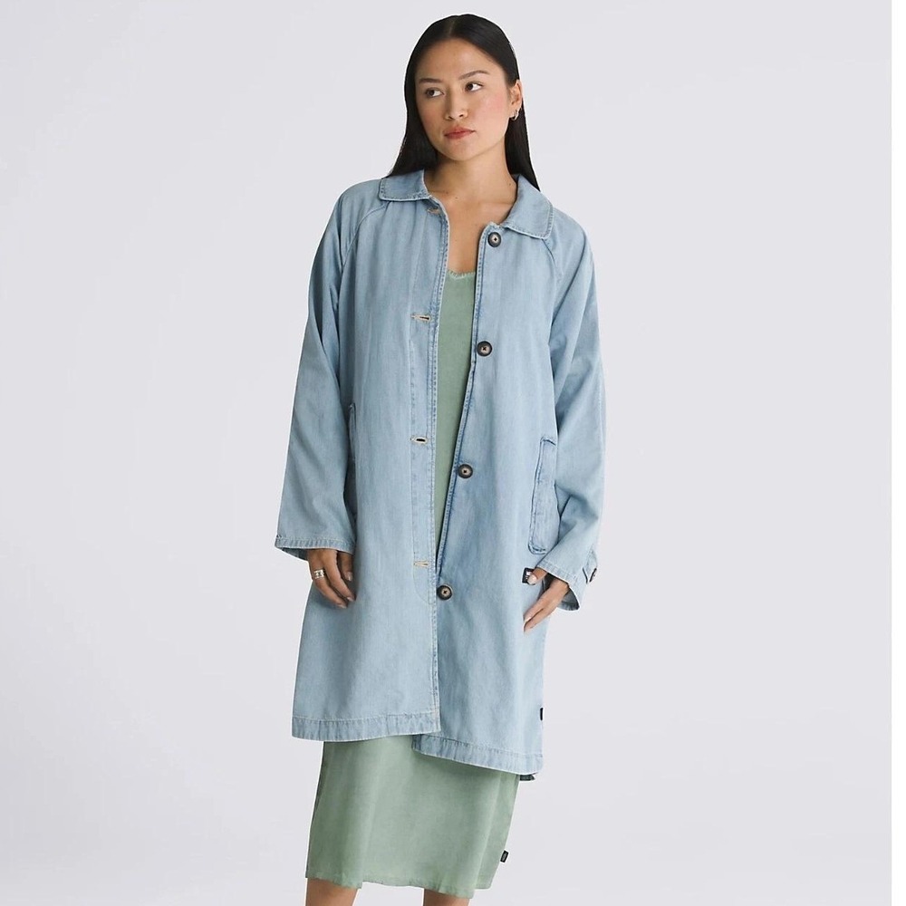 Vans Womens Skate Mac Denim Button Up Coat Light Blue Wash Longline Jacket Large
